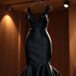 A stunning black dress made from luxurious satin fabric, featuring a deep V neckline and a flowing mermaid silhouette