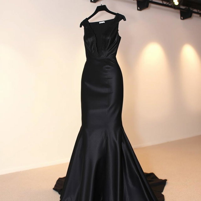 A stunning black dress made from luxurious satin fabric, featuring a deep V neckline and a flowing mermaid silhouette