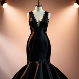A stunning black dress made from luxurious satin fabric, featuring a deep V neckline and a flowing mermaid silhouette