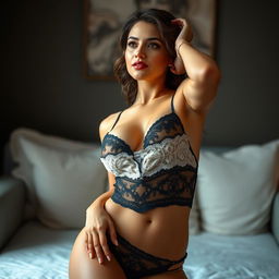 A stunning woman with brown features, dressed in sexy lingerie that accentuates her alluring figure