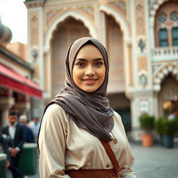 A beautiful Muslim woman in a stylish hijab, elegantly dressed in traditional attire that highlights her cultural background, standing confidently in an artistic urban environment