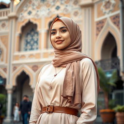 A beautiful Muslim woman in a stylish hijab, elegantly dressed in traditional attire that highlights her cultural background, standing confidently in an artistic urban environment