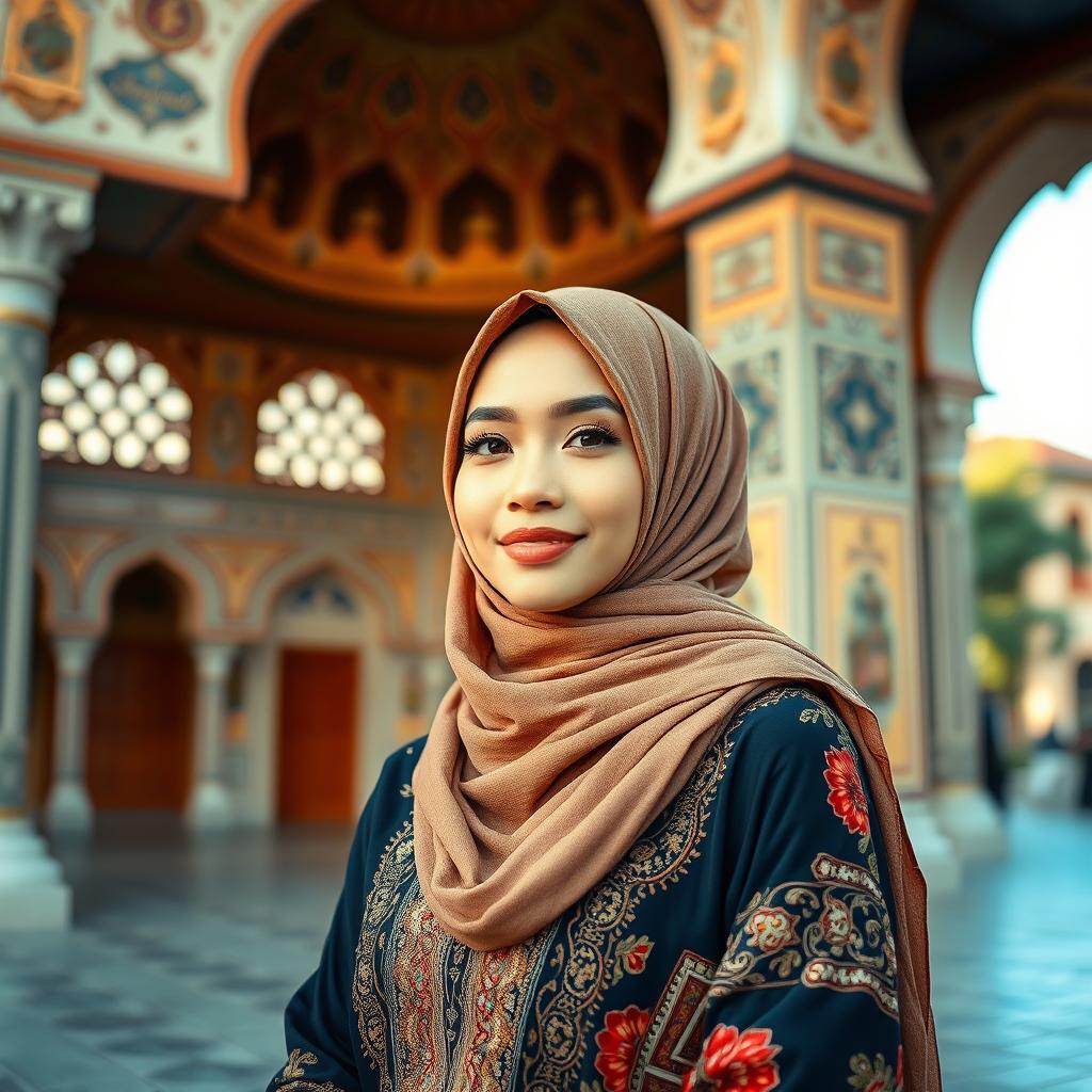 A beautiful Muslim woman in a stylish hijab, elegantly dressed in traditional attire that highlights her cultural background, standing confidently in an artistic urban environment