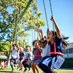 A vibrant and engaging scene of a diverse group of students enjoying a swing lesson at school