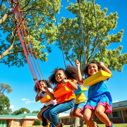 A vibrant and engaging scene of a diverse group of students enjoying a swing lesson at school