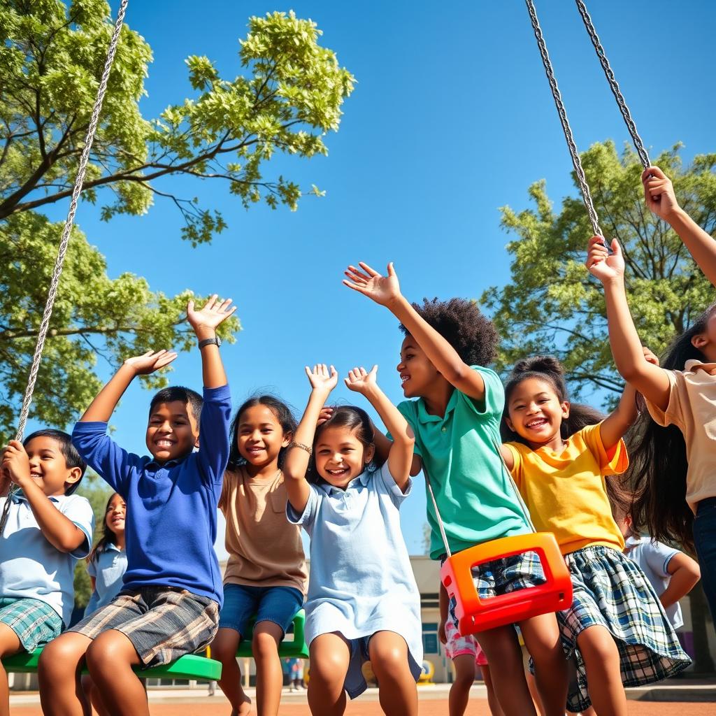 A vibrant and engaging scene of a diverse group of students enjoying a swing lesson at school
