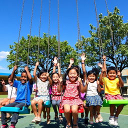 A vibrant and engaging scene of a diverse group of students enjoying a swing lesson at school