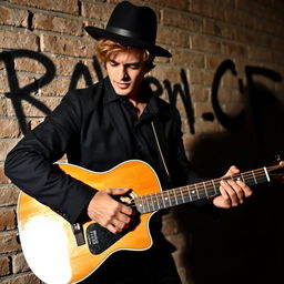 A man wearing a black outfit and a black hat intensely playing an acoustic guitar