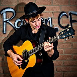 A man wearing a black outfit and a black hat intensely playing an acoustic guitar