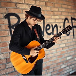 A man wearing a black outfit and a black hat intensely playing an acoustic guitar