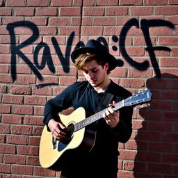 A man wearing a black outfit and a black hat intensely playing an acoustic guitar