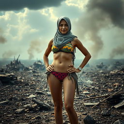A striking artistic representation of a Muslim woman wearing a bikini, confidently standing in a dramatic battlefield setting