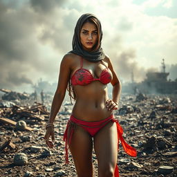 A striking artistic representation of a Muslim woman wearing a bikini, confidently standing in a dramatic battlefield setting