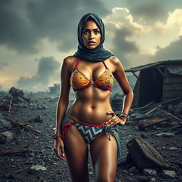 A striking artistic representation of a Muslim woman wearing a bikini, confidently standing in a dramatic battlefield setting