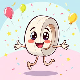 A whimsical and colorful illustration of a cute tape character, designed to look like a roll of tape with arms and legs