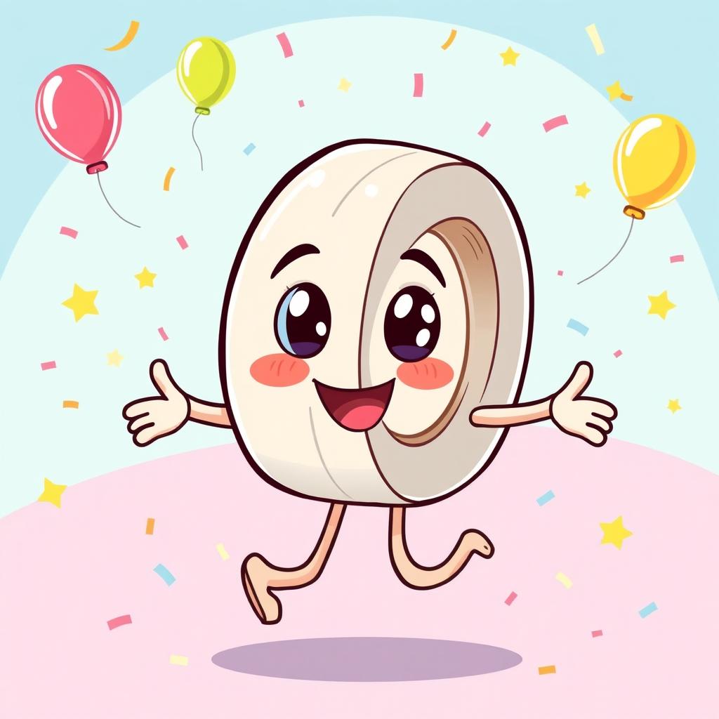 A whimsical and colorful illustration of a cute tape character, designed to look like a roll of tape with arms and legs