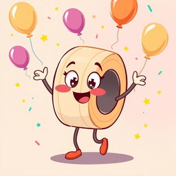 A whimsical and colorful illustration of a cute tape character, designed to look like a roll of tape with arms and legs