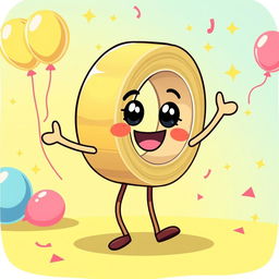 A whimsical and colorful illustration of a cute tape character, designed to look like a roll of tape with arms and legs