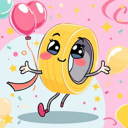 A whimsical and colorful illustration of a cute tape character, designed to look like a roll of tape with arms and legs
