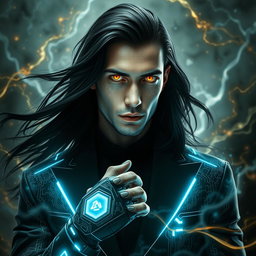 A 28-year-old man with long flowing black hair cascading around his shoulders