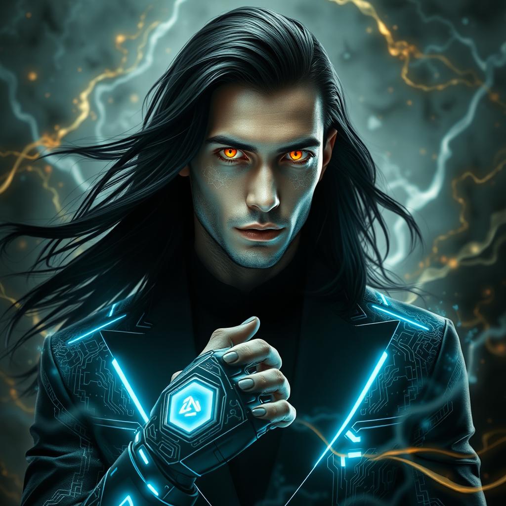 A 28-year-old man with long flowing black hair cascading around his shoulders