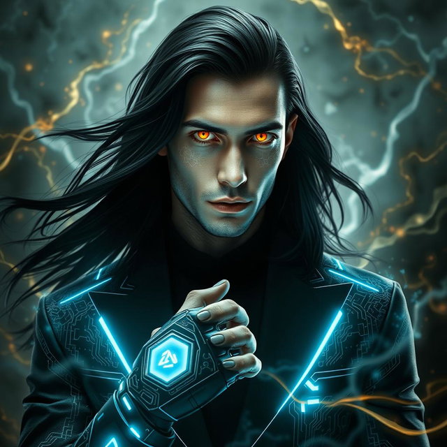 A 28-year-old man with long flowing black hair cascading around his shoulders