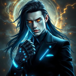 A 28-year-old man with long flowing black hair cascading around his shoulders