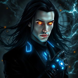 A 28-year-old man with long flowing black hair cascading around his shoulders