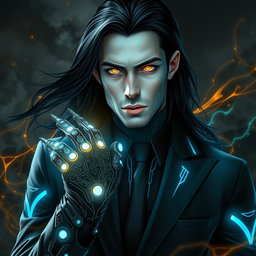 A 28-year-old man with long flowing black hair cascading around his shoulders