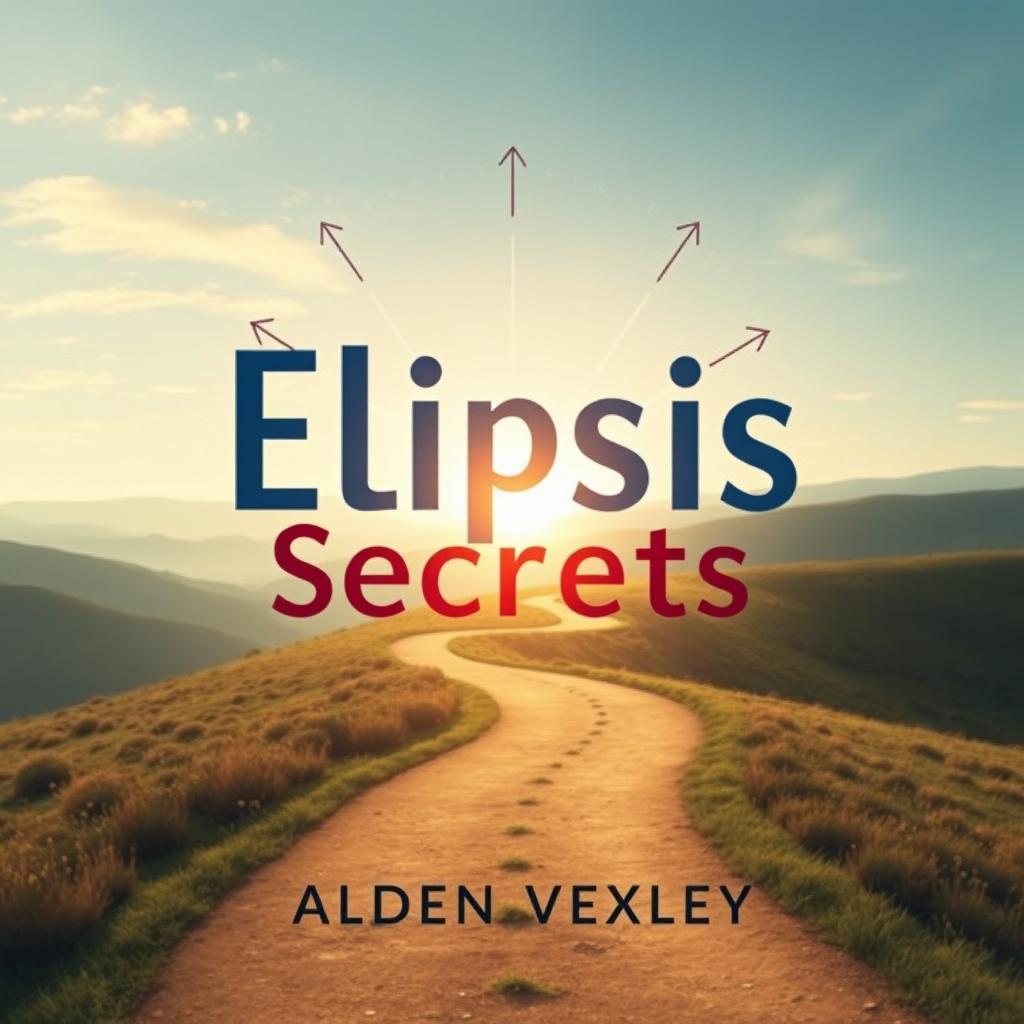 A flat book cover design titled 'Elipsis Secrets' by Alden Vexley, featuring a realistic serene landscape as the background, showcasing a winding path leading toward a bright horizon, symbolizing transformation