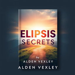 A flat book cover design titled 'Elipsis Secrets' by Alden Vexley, featuring a realistic serene landscape as the background, showcasing a winding path leading toward a bright horizon, symbolizing transformation