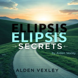 A flat book cover design titled 'Elipsis Secrets' by Alden Vexley, featuring a realistic serene landscape as the background, showcasing a winding path leading toward a bright horizon, symbolizing transformation
