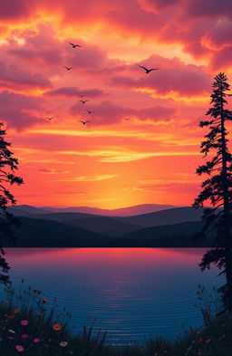 A majestic, serene landscape showcasing a vibrant sunset over rolling hills