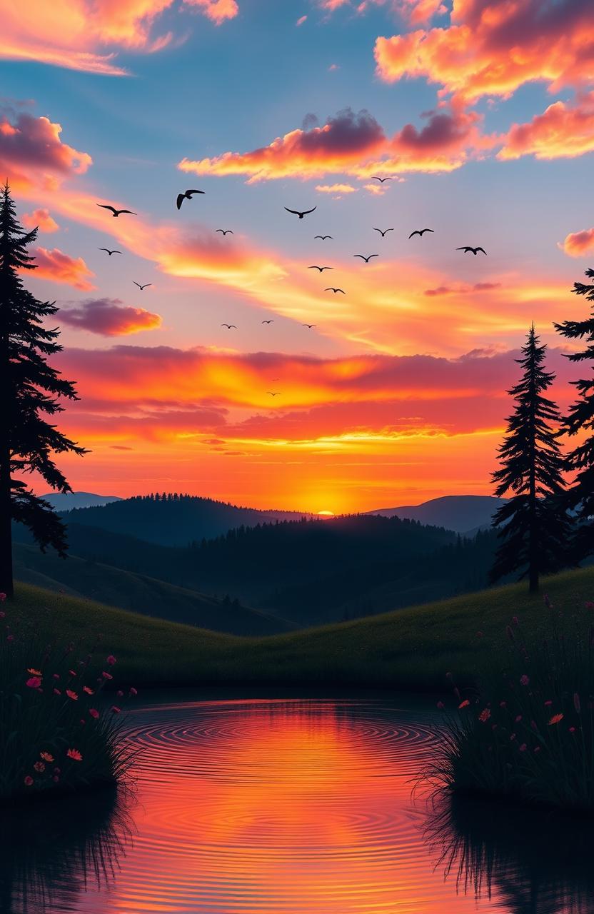 A majestic, serene landscape showcasing a vibrant sunset over rolling hills