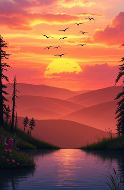 A majestic, serene landscape showcasing a vibrant sunset over rolling hills