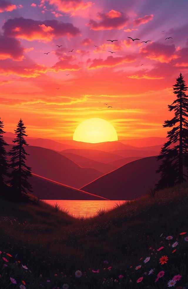 A majestic, serene landscape showcasing a vibrant sunset over rolling hills