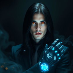 A striking portrait of a 28-year-old man with long black hair cascading down his shoulders