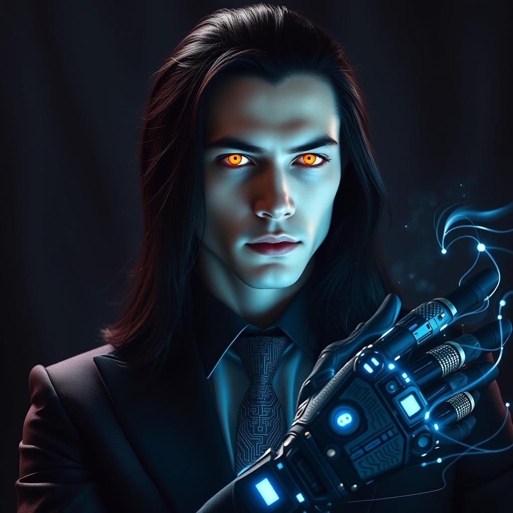 A striking portrait of a 28-year-old man with long black hair cascading down his shoulders