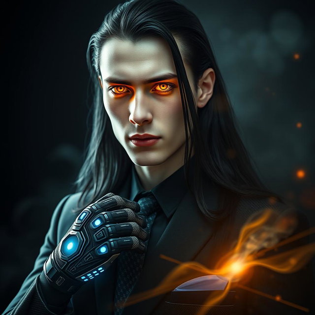 A striking portrait of a 28-year-old man with long black hair cascading down his shoulders