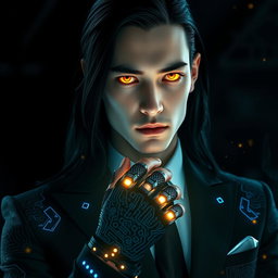 A striking portrait of a 28-year-old man with long black hair cascading down his shoulders