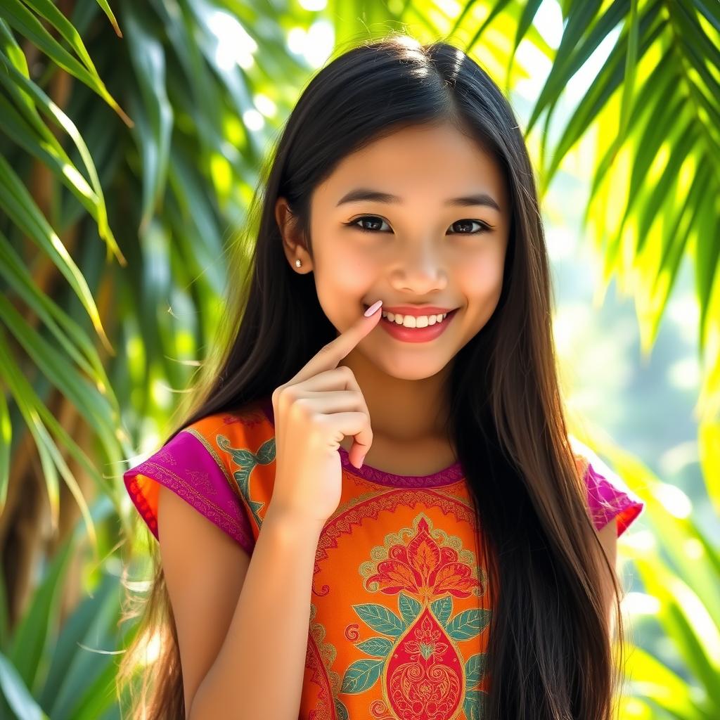 A Thai girl with long black hair, wearing a vibrant traditional dress, playfully licking her finger with a coy smile