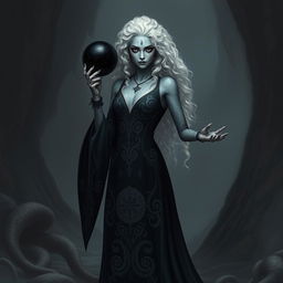 A female necromancer, 35 years old, with striking curly white hair, completely black eyes, and cracked gray marble-like skin