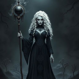 A female necromancer, 35 years old, with striking curly white hair, completely black eyes, and cracked gray marble-like skin