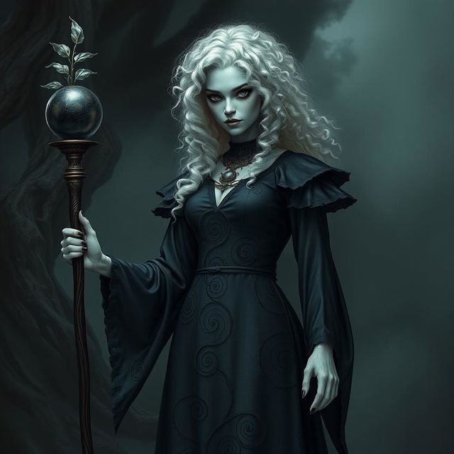 A female necromancer, 35 years old, with striking curly white hair, completely black eyes, and cracked gray marble-like skin