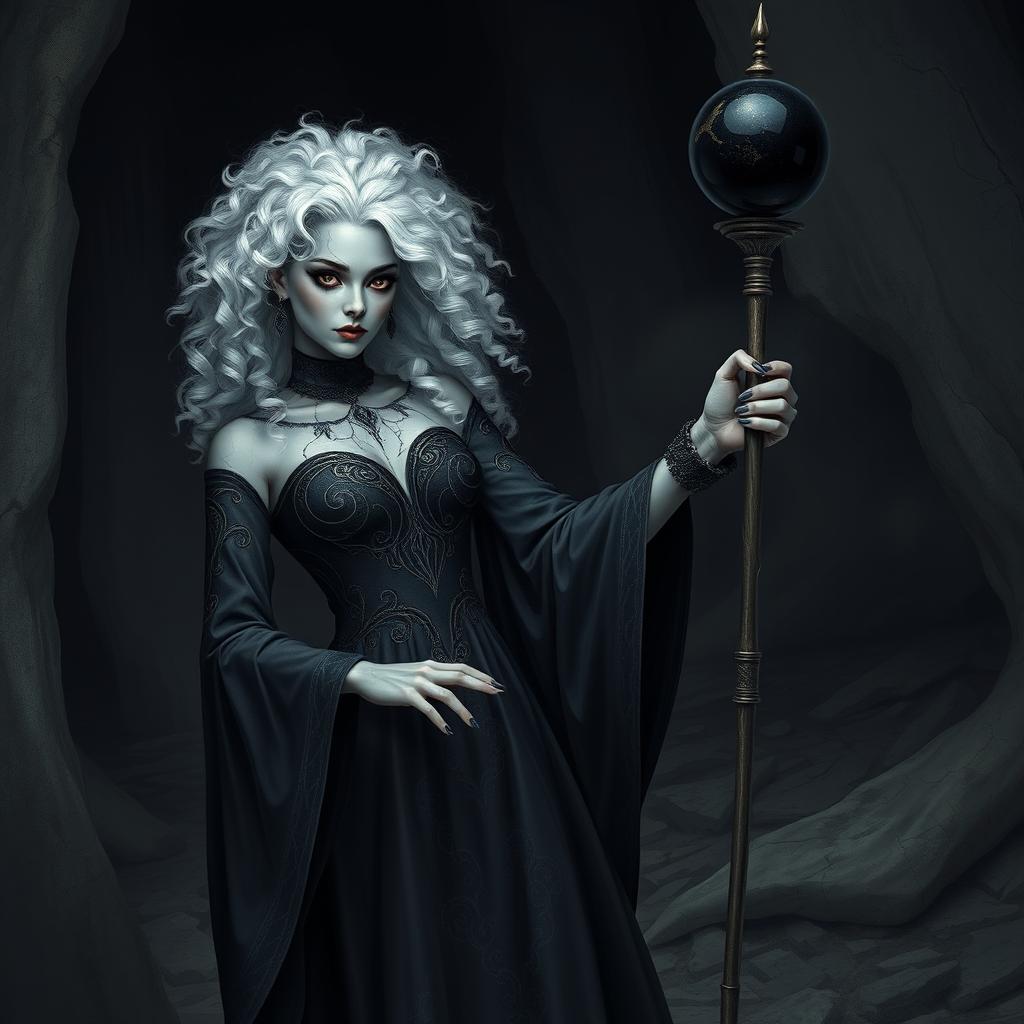 A female necromancer, 35 years old, with striking curly white hair, completely black eyes, and cracked gray marble-like skin