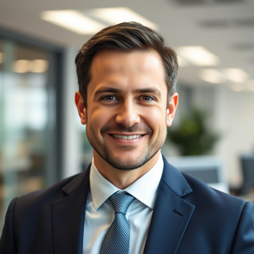 A highly professional headshot suitable for LinkedIn and corporate use, featuring a well-groomed adult male with short dark hair and a light beard