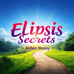 A flat book cover design titled 'Elipsis Secrets' by Alden Vexley, featuring a realistic serene landscape with a winding path leading toward a bright horizon, symbolizing transformation