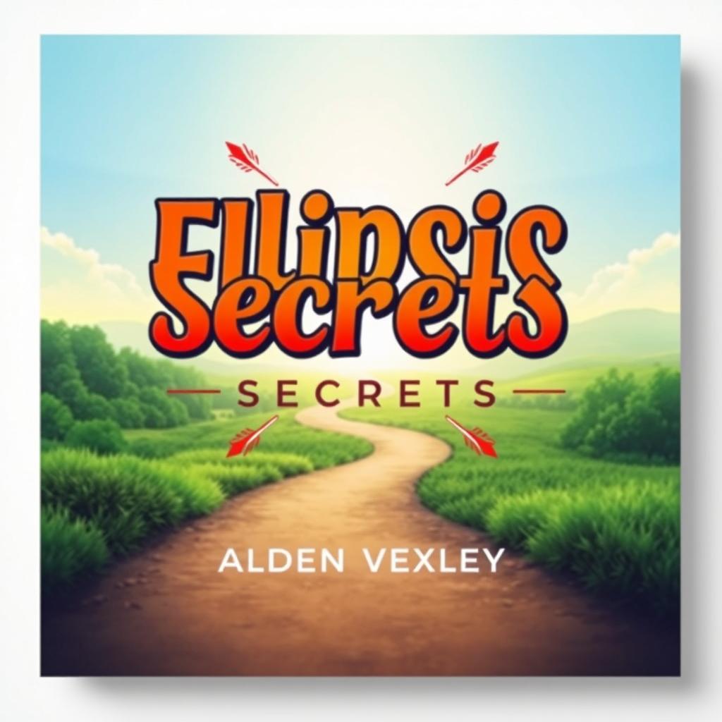 A flat book cover design titled 'Elipsis Secrets' by Alden Vexley, featuring a realistic serene landscape with a winding path leading toward a bright horizon, symbolizing transformation