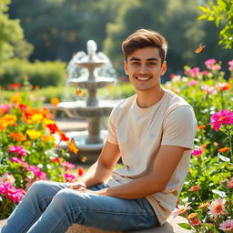 A young man sitting in a beautiful garden, surrounded by vibrant flowers and lush greenery