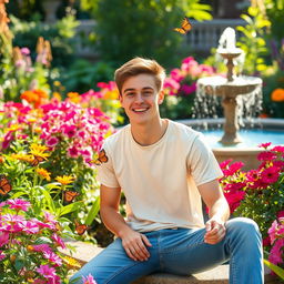 A young man sitting in a beautiful garden, surrounded by vibrant flowers and lush greenery